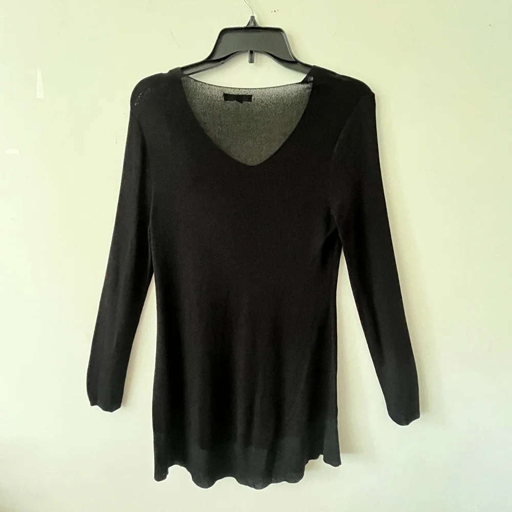 Eileen Fisher Black V-Neck Long Sleeve Shimmer Metallic Tunic Top XS-SM
